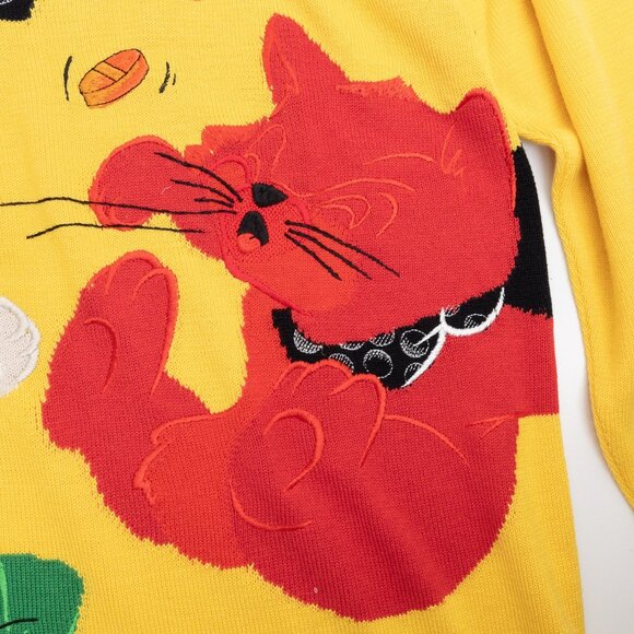 Vintage Iceberg Cat Sweater Yellow Knit Jumper Italy Cartoon Graphic Rave Party - Picture 6 of 12